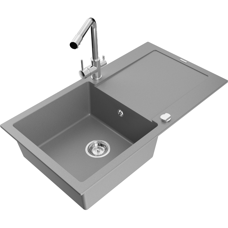 Mexen Leo granite kitchen sink 1-bowl with drainer and Duero kitchen tap, grey - 6501-71-671600-00