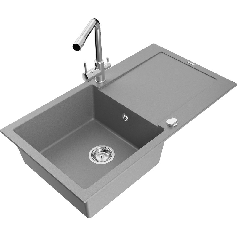 Mexen Leo granite sink 1-bowl with drainer and kitchen faucet Duero, gray - 6501-71-671600-00