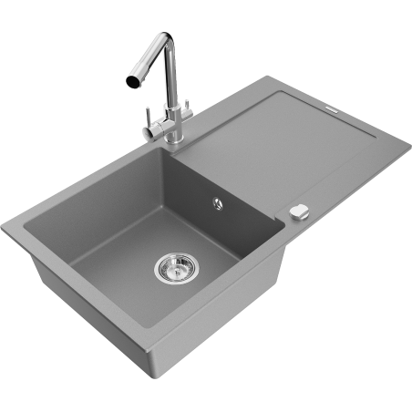 Mexen Leo 1-compartment granite sink with a drip tray and kitchen mixer tap Duero, Grey - 6501-71-671600-00