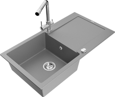 Mexen Leo 1-compartment granite sink with a drip tray and kitchen mixer tap Duero, Grey - 6501-71-671600-00