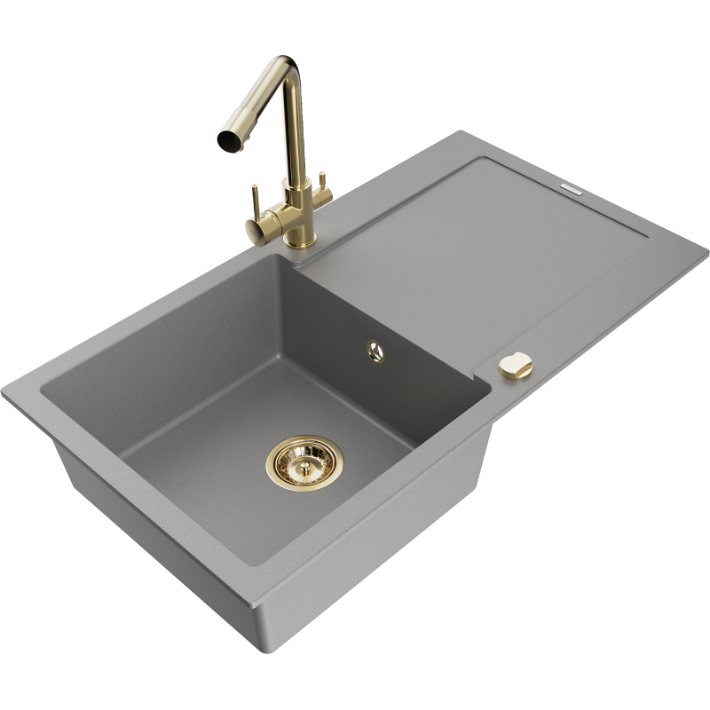 Mexen Leo 1-compartment granite sink with a drip tray and kitchen mixer tap Duero, Grey - 6501-71-671600-50