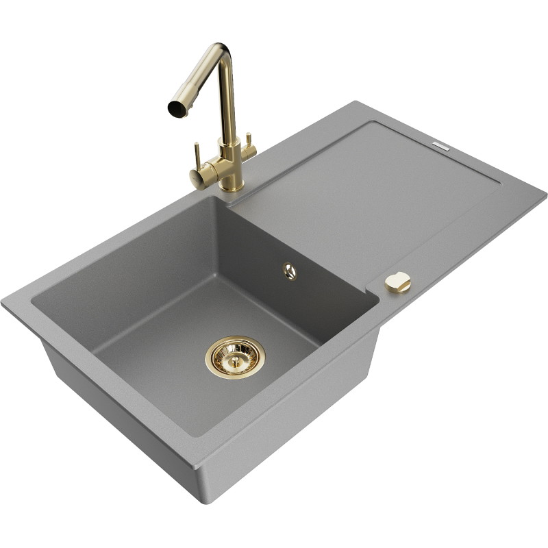 Mexen Leo granite kitchen sink 1-bowl with drainer and Duero kitchen faucet, gray - 6501-71-671600-50