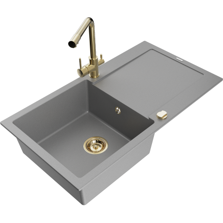 Mexen Leo granite sink 1-bowl with drainer and kitchen mixer tap Duero, gray - 6501-71-671600-50