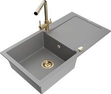 Mexen Leo granite kitchen sink 1-bowl with drainer and Duero kitchen faucet, gray - 6501-71-671600-50
