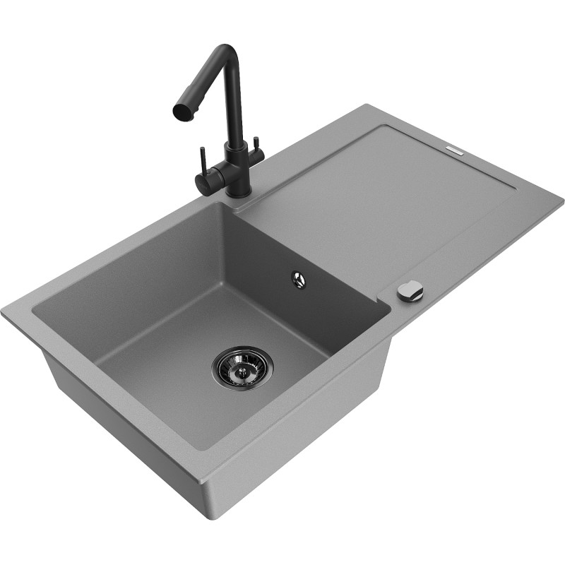 Mexen Leo 1-bowl granite sink with drainer and kitchen faucet Duero, gray - 6501-71-671600-70-B