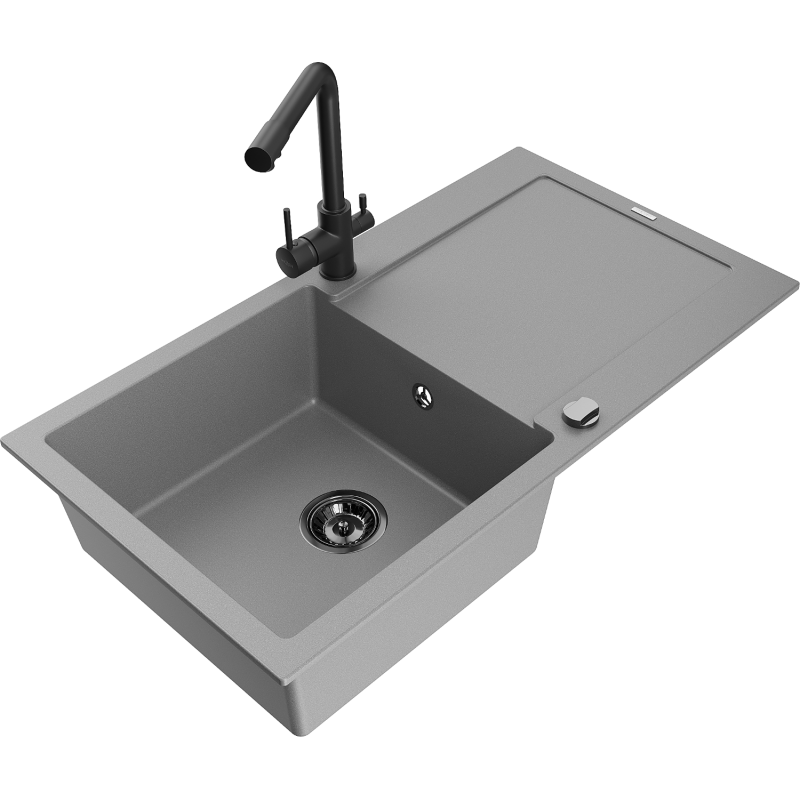 Mexen Leo 1-compartment granite sink with a drip tray and kitchen mixer tap Duero, Grey - 6501-71-671600-70-B