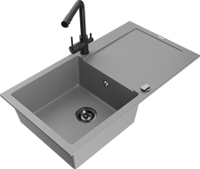 Mexen Leo 1-bowl granite sink with drainer and kitchen faucet Duero, gray - 6501-71-671600-70-B