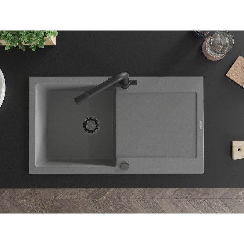 Mexen Leo 1-bowl granite sink with drainer and Duero kitchen faucet, gray - 6501-71-671600-70-B