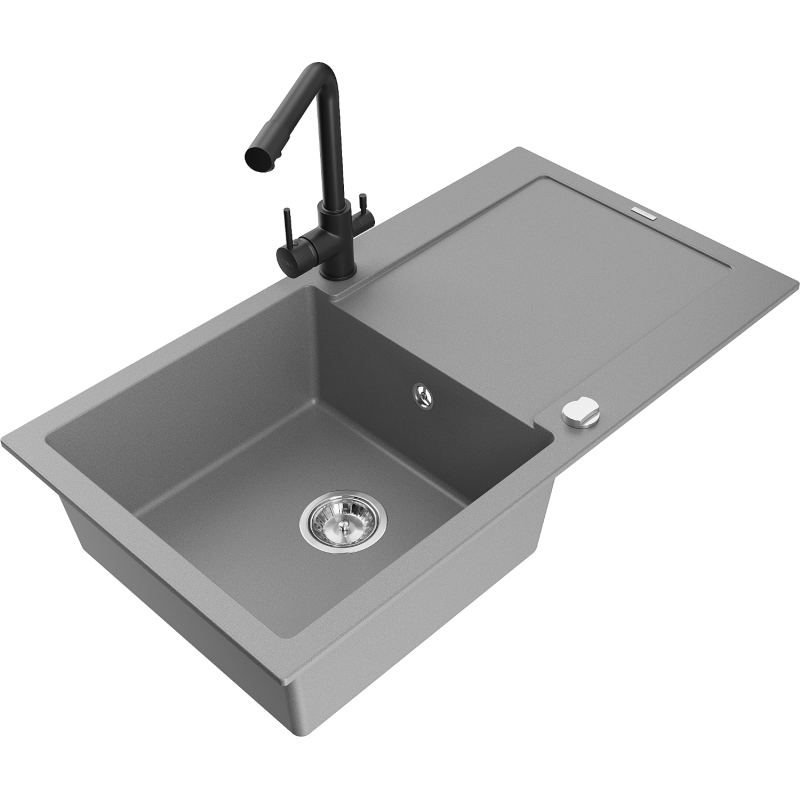 Mexen Leo 1-compartment granite sink with a drip tray and kitchen mixer tap Duero, Grey - 6501-71-671600-70
