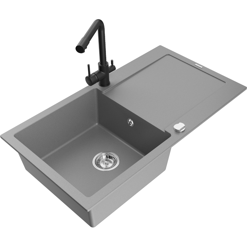 Mexen Leo granite sink 1-bowl with drainer and Duero kitchen tap, grey - 6501-71-671600-70