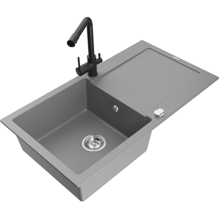 Mexen Leo granite sink 1-bowl with drainer and Duero kitchen tap, grey - 6501-71-671600-70