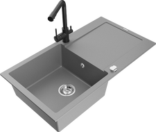 Mexen Leo granite sink 1-bowl with drainer and Duero kitchen tap, grey - 6501-71-671600-70