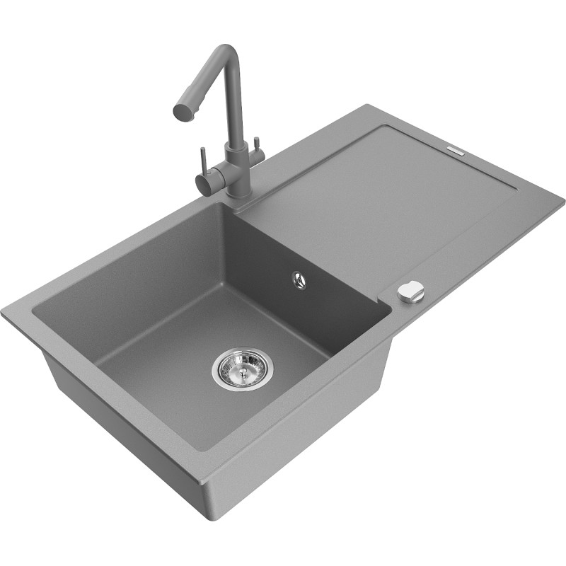 Mexen Leo granite kitchen sink 1-bowl with drainer and Duero kitchen faucet, gray - 6501-71-671600-71
