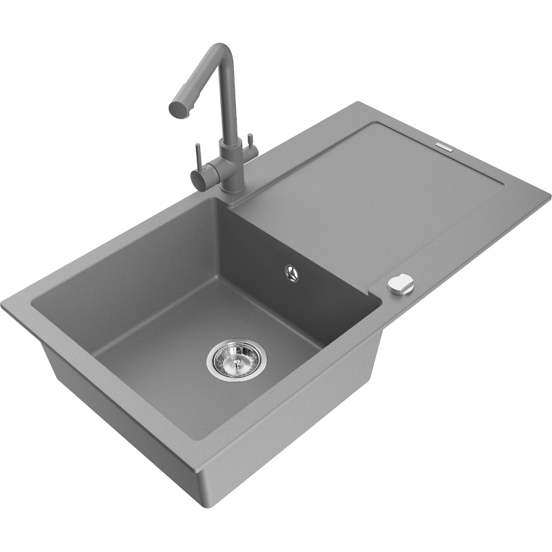 Mexen Leo granite sink 1-bowl with drainer and Duero kitchen tap, grey - 6501-71-671600-71
