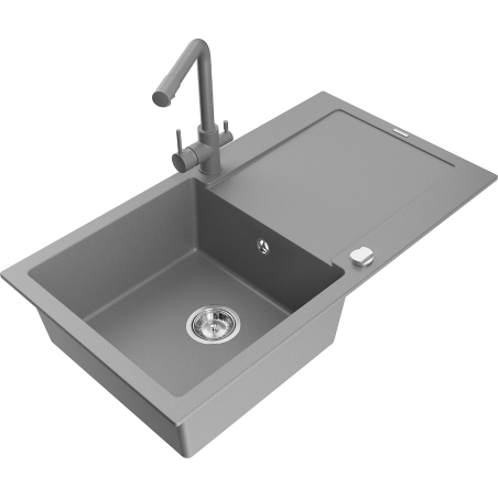 Mexen Leo granite sink 1-bowl with drainer and Duero kitchen tap, grey - 6501-71-671600-71