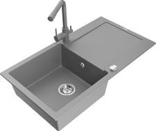 Mexen Leo granite kitchen sink 1-bowl with drainer and Duero kitchen faucet, gray - 6501-71-671600-71