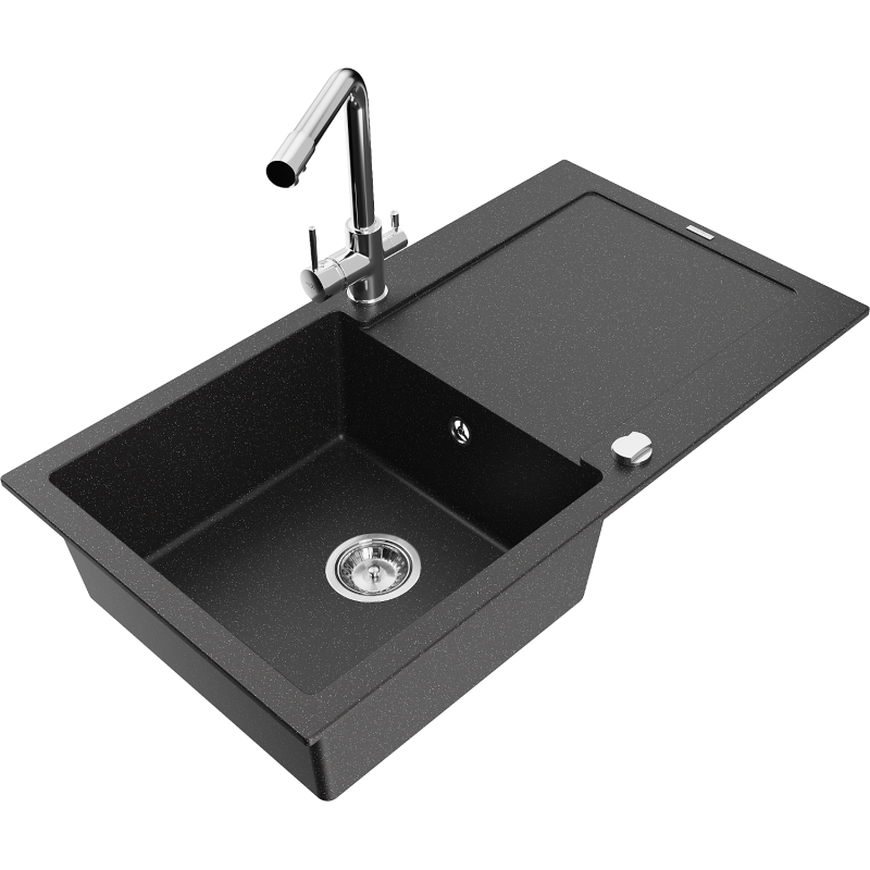 Mexen Leo single-bowl granite sink with drainer and kitchen faucet Duero, black/silver metallic - 6501-73-671600-00