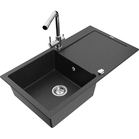 Mexen Leo granite single-bowl sink with drainer and kitchen faucet Duero, black/silver metallic - 6501-73-671600-00