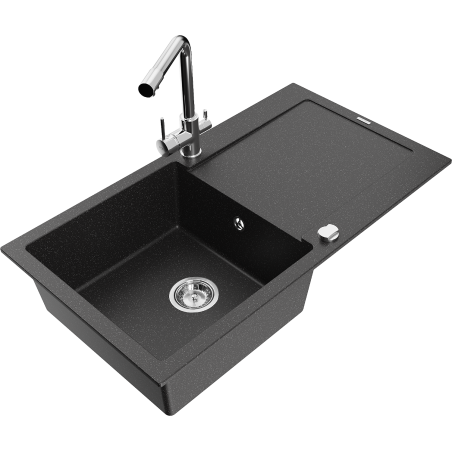 Mexen Leo single-bowl granite sink with drainer and kitchen faucet Duero, black/silver metallic - 6501-73-671600-00