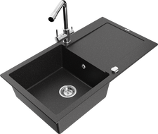 Mexen Leo granite kitchen sink 1-bowl with drainer and Duero kitchen tap, black/silver metallic - 6501-73-671600-00