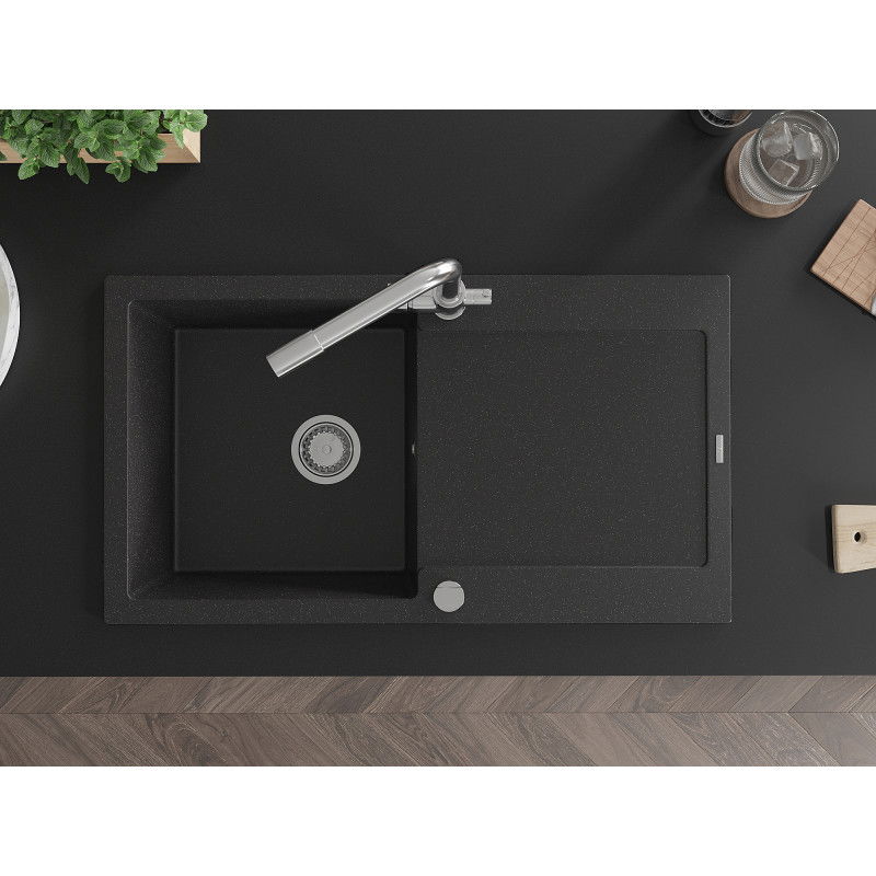 Mexen Leo granite kitchen sink 1-bowl with drainer and Duero kitchen tap, black/silver metallic - 6501-73-671600-00