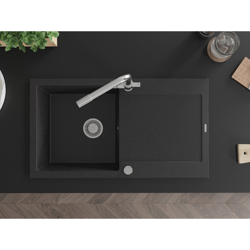 Mexen Leo single-bowl granite sink with drainer and kitchen faucet Duero, black/silver metallic - 6501-73-671600-00