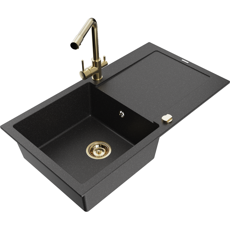 Mexen Leo granite kitchen sink 1-bowl with drainer and kitchen faucet Duero, black/silver metallic - 6501-73-671600-50