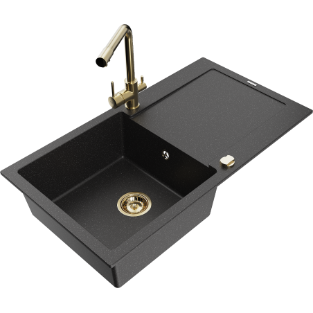 Mexen Leo granite sink 1-bowl with drainer and Duero kitchen tap, black/silver metallic - 6501-73-671600-50