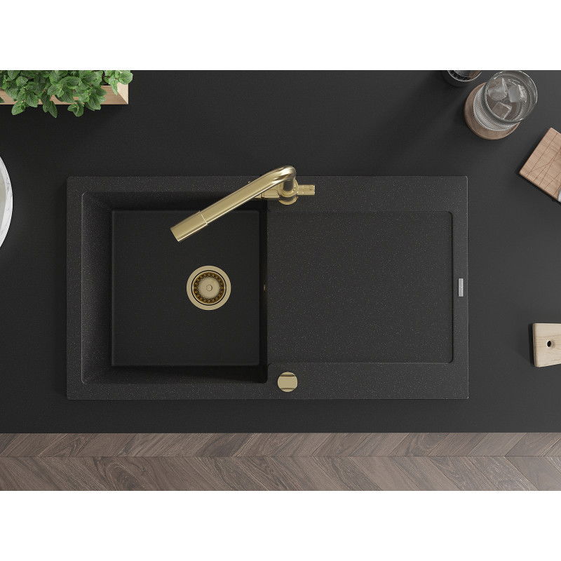 Mexen Leo granite sink 1-bowl with drainer and Duero kitchen tap, black/silver metallic - 6501-73-671600-50