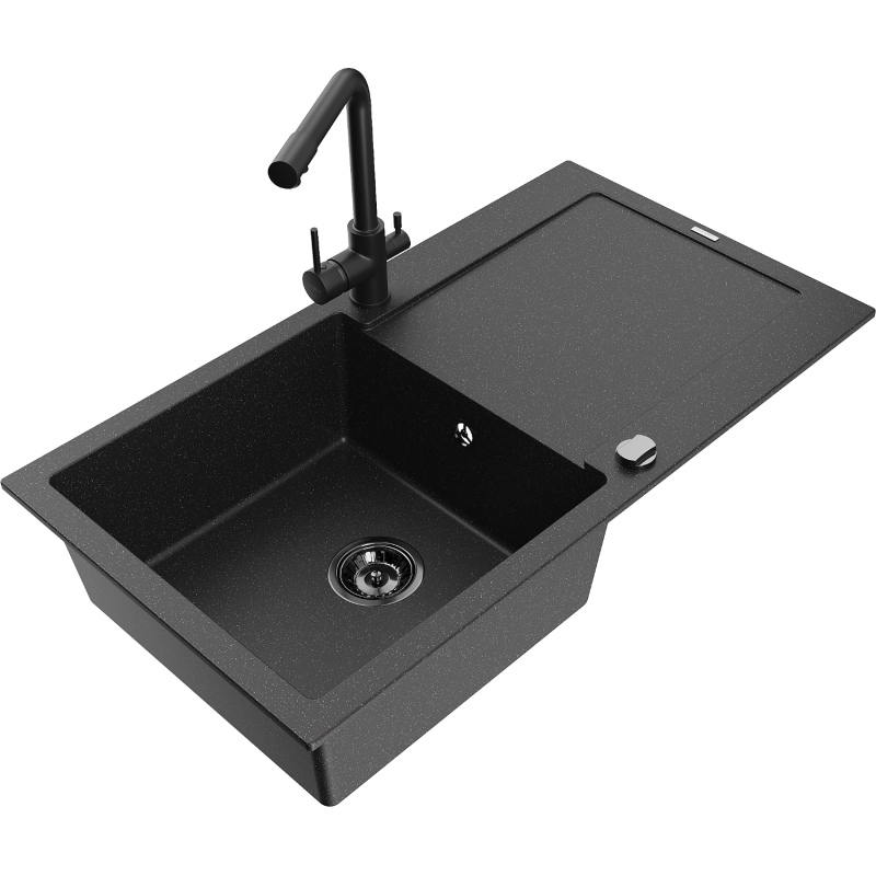 Mexen Leo 1-bowl granite sink with drainer and Duero kitchen tap, black/silver metallic - 6501-73-671600-70-B