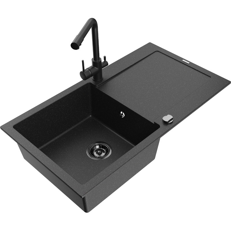 Mexen Leo granite sink 1-bowl with drainer and Duero kitchen faucet, black/silver metallic - 6501-73-671600-70-B