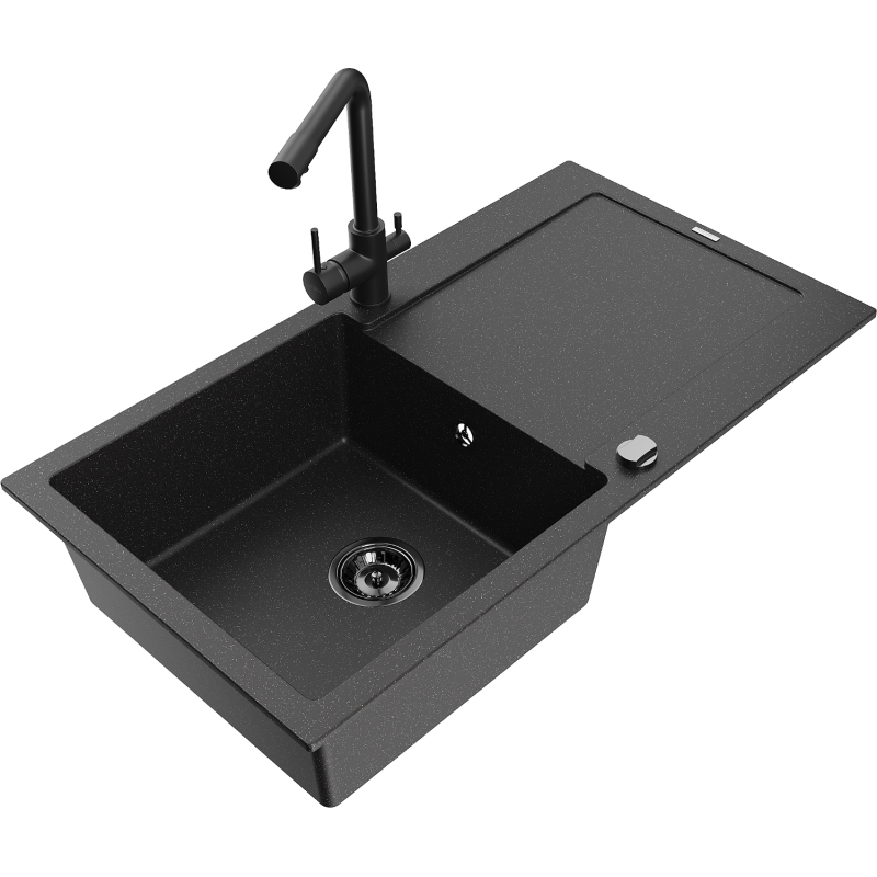 Mexen Leo granite sink 1-compartment with drainer and Duero kitchen faucet, black/silver metallic - 6501-73-671600-70-B