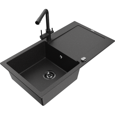 Mexen Leo granite sink 1-compartment with drainer and Duero kitchen faucet, black/silver metallic - 6501-73-671600-70-B