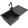 Mexen Leo granite sink 1-bowl with drainer and Duero kitchen faucet, black/silver metallic - 6501-73-671600-70-B