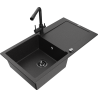 Mexen Leo granite sink 1-compartment with drainer and Duero kitchen faucet, black/silver metallic - 6501-73-671600-70-B