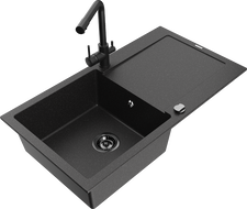 Mexen Leo granite sink 1-bowl with drainer and Duero kitchen faucet, black/silver metallic - 6501-73-671600-70-B