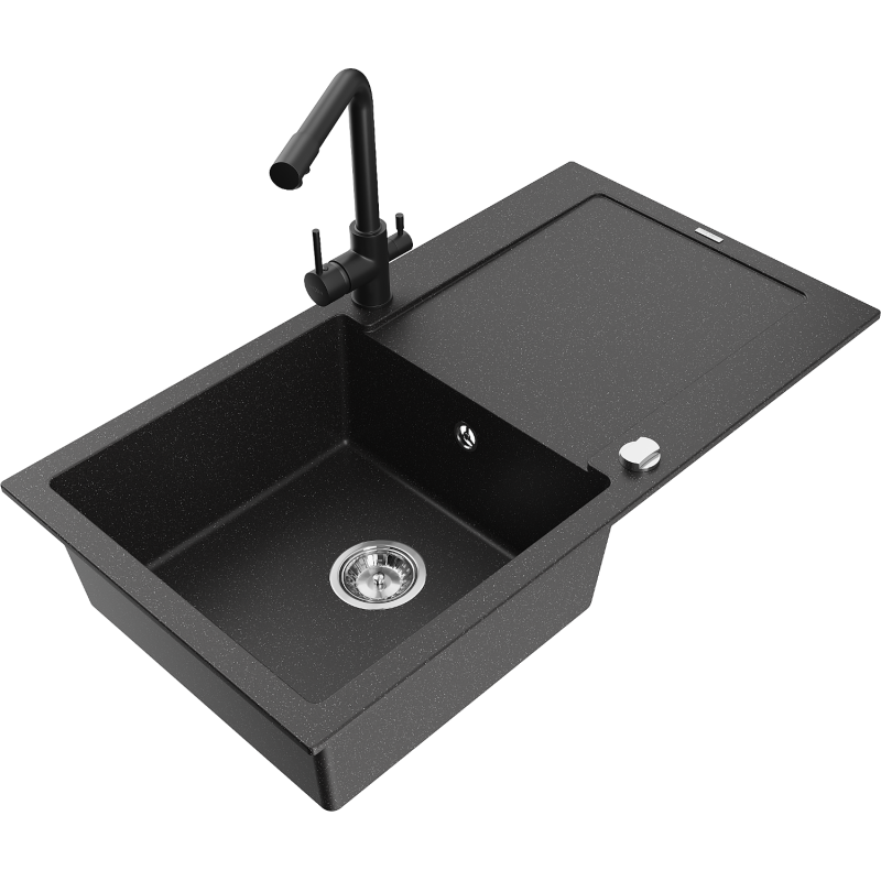 Mexen Leo granite sink 1-bowl with drainer and kitchen faucet Duero, black/silver metallic - 6501-73-671600-70