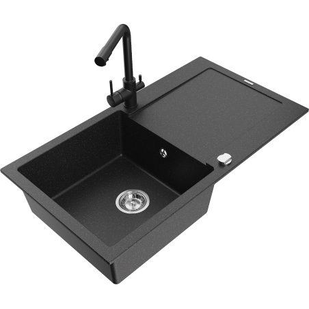 Mexen Leo 1-compartment granite sink with a drip tray and kitchen mixer tap Duero, Black/Silver metallic - 6501-73-671600-70