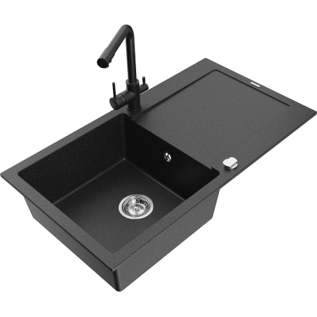 Mexen Leo granite sink 1-bowl with drainer and kitchen faucet Duero, black/silver metallic - 6501-73-671600-70