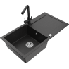 Mexen Leo granite sink 1-bowl with drainer and kitchen faucet Duero, black/silver metallic - 6501-73-671600-70