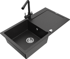 Mexen Leo 1-bowl granite sink with drainer and Duero kitchen faucet, black/silver metallic - 6501-73-671600-70