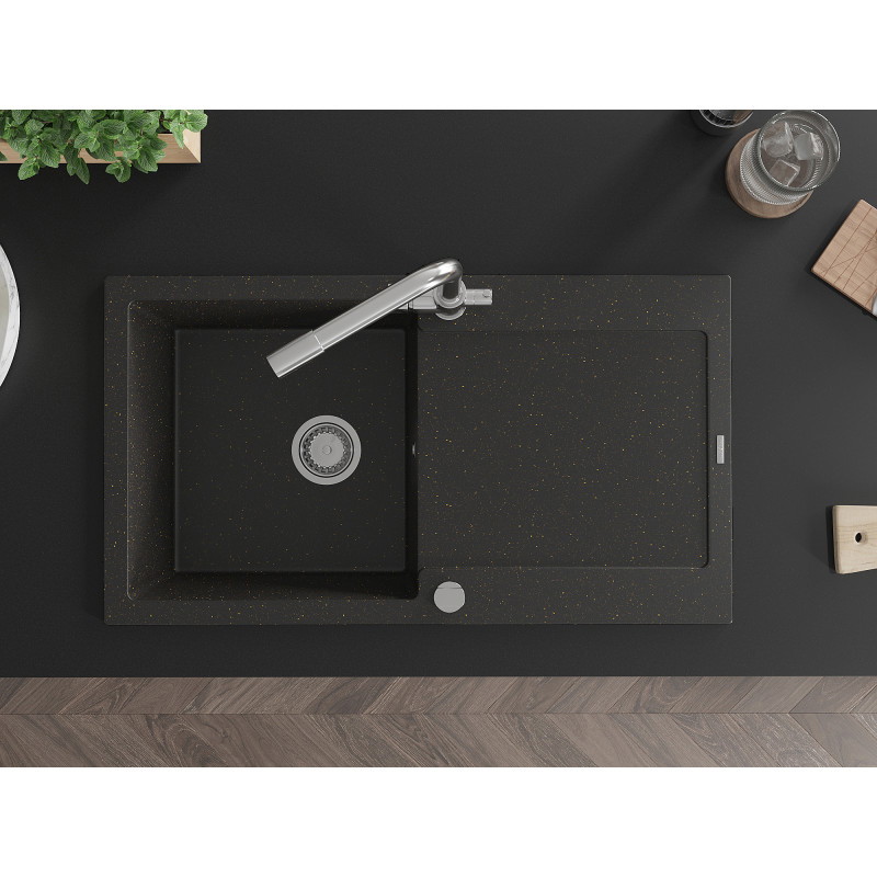 Mexen Leo granite sink 1-bowl with drainer and kitchen faucet Duero, black/gold metallic - 6501-75-671600-00