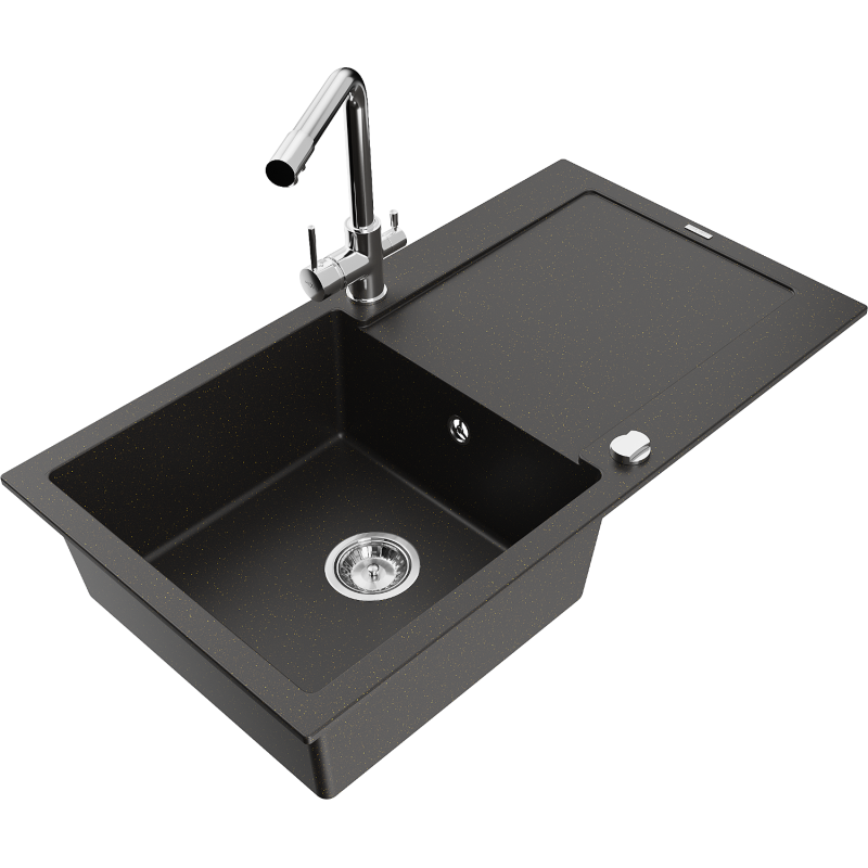Mexen Leo 1-compartment granite sink with a drip tray and kitchen mixer tap Duero, Black/Gold metallic - 6501-75-671600-00
