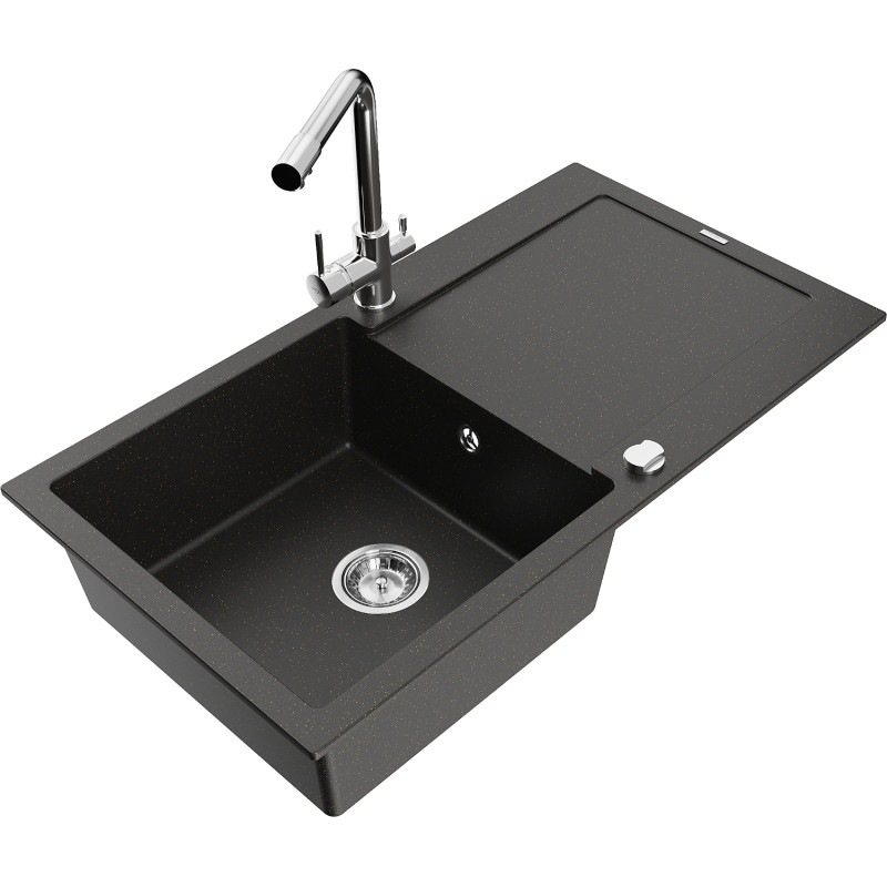 Mexen Leo granite sink 1-bowl with drainer and Duero kitchen faucet, black/gold metallic - 6501-75-671600-00