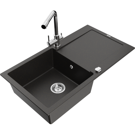 Mexen Leo 1-bowl Granite Sink with Drainer and Duero Kitchen Tap, Black/Gold Metallic - 6501-75-671600-00