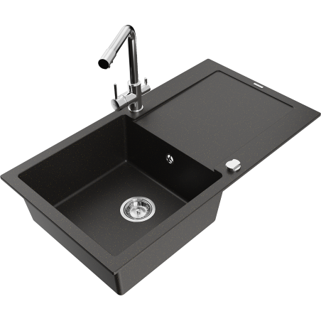Mexen Leo granite sink 1-bowl with drainer and kitchen faucet Duero, black/gold metallic - 6501-75-671600-00