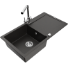 Mexen Leo granite sink 1-bowl with drainer and kitchen faucet Duero, black/gold metallic - 6501-75-671600-00