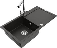 Mexen Leo granite sink 1-bowl with drainer and Duero kitchen faucet, black/gold metallic - 6501-75-671600-00