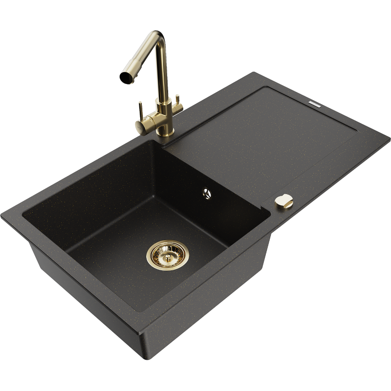 Mexen Leo granite sink 1-bowl with drainer and Duero kitchen faucet, black/gold metallic - 6501-75-671600-50