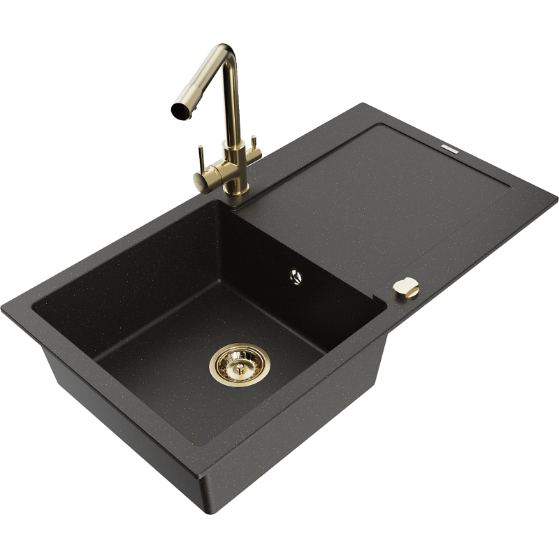 Mexen Leo granite sink 1-bowl with drainer and Duero kitchen tap, black/gold metallic - 6501-75-671600-50